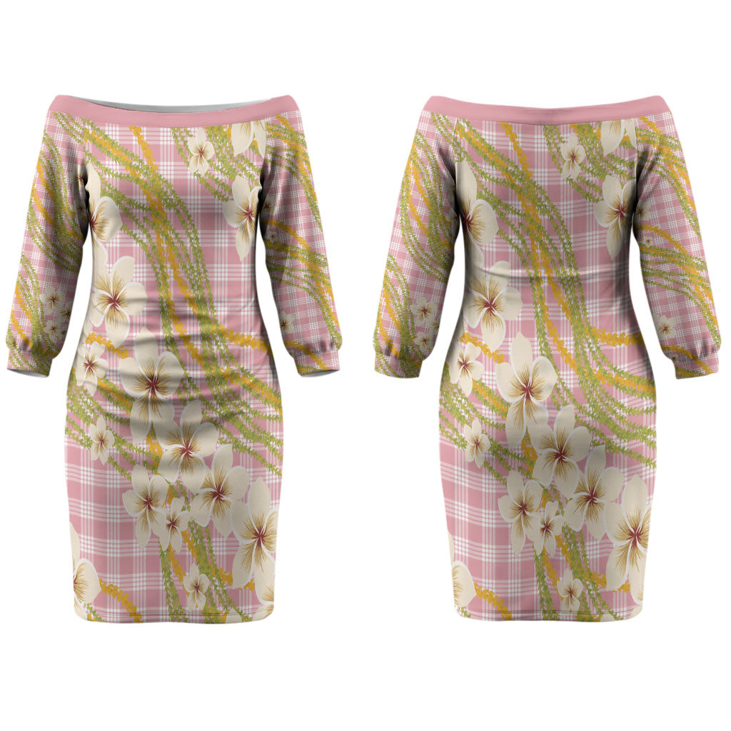 Akala Hamele Palaka Plumeria Couples Matching Off The Shoulder Long Sleeve Dress and Long Sleeve Button Shirt Puakenikeni and Maile Lei LT9 - Polynesian Pride