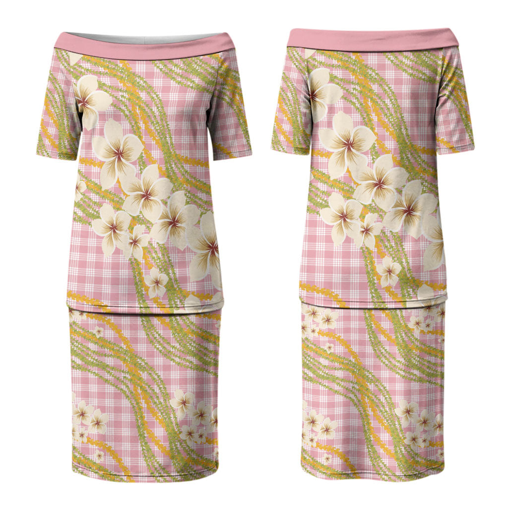 Akala Hamele Palaka Plumeria Couples Matching Puletasi and Long Sleeve Button Shirt Puakenikeni and Maile Lei