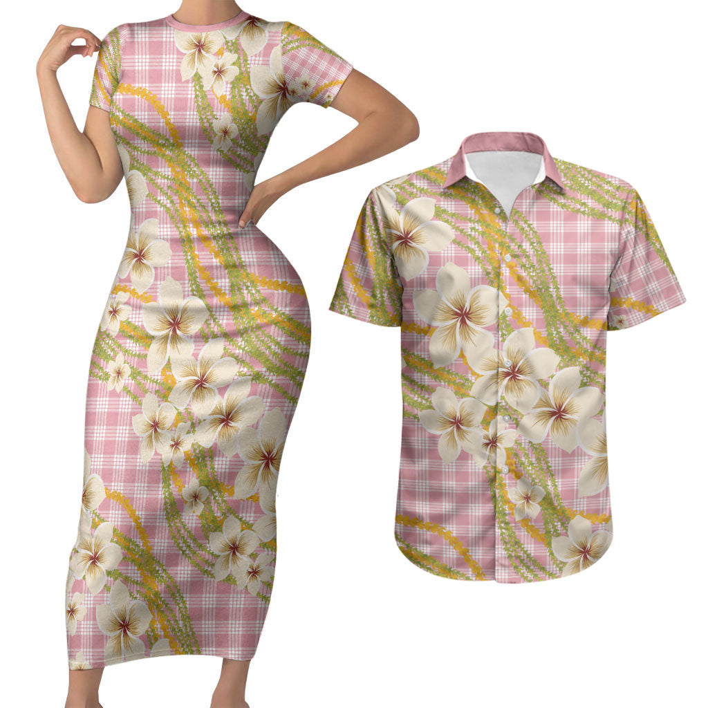 Akala Hamele Palaka Plumeria Couples Matching Short Sleeve Bodycon Dress and Hawaiian Shirt Puakenikeni and Maile Lei