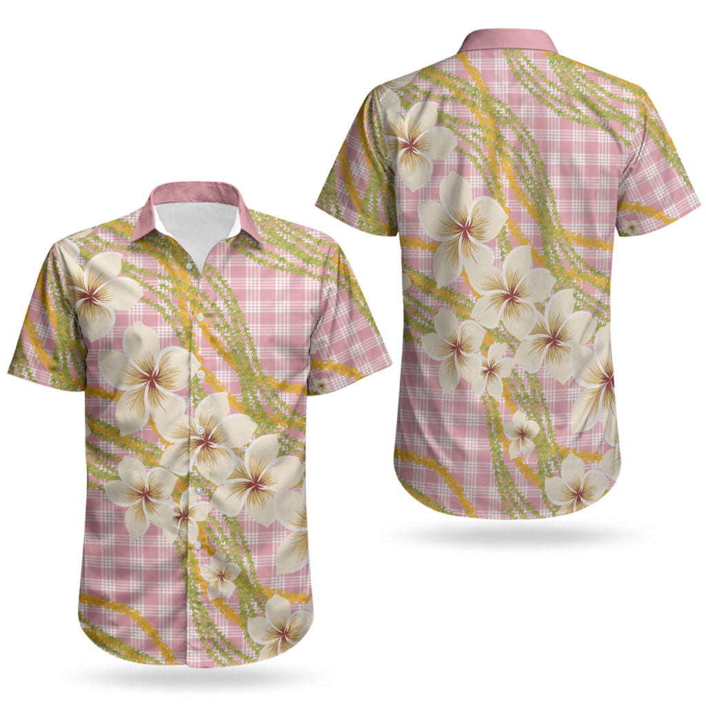 Akala Hamele Palaka Plumeria Couples Matching Short Sleeve Bodycon Dress and Hawaiian Shirt Puakenikeni and Maile Lei