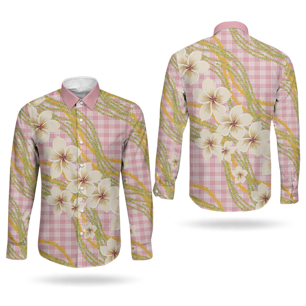 Akala Hamele Palaka Plumeria Couples Matching Short Sleeve Bodycon Dress and Long Sleeve Button Shirt Puakenikeni and Maile Lei