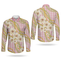 Akala Hamele Palaka Plumeria Couples Matching Summer Maxi Dress and Long Sleeve Button Shirt Puakenikeni and Maile Lei