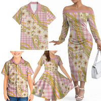 Akala Hamele Palaka Plumeria Family Matching Off The Shoulder Long Sleeve Dress and Hawaiian Shirt Puakenikeni and Maile Lei LT9 - Polynesian Pride