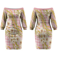 Akala Hamele Palaka Plumeria Family Matching Off The Shoulder Long Sleeve Dress and Hawaiian Shirt Puakenikeni and Maile Lei LT9 Mom's Dress Dusty Rose - Polynesian Pride