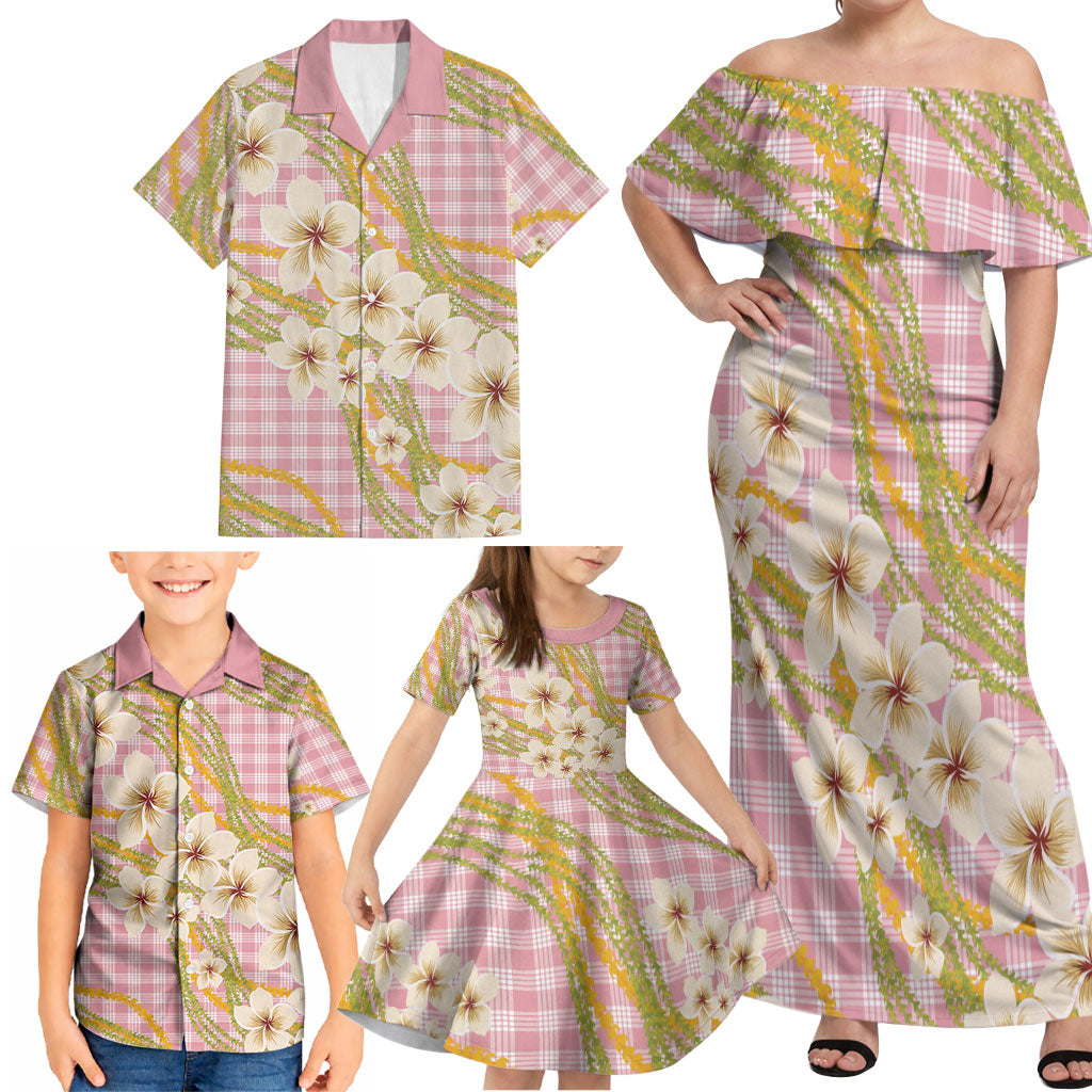 Akala Hamele Palaka Plumeria Family Matching Off Shoulder Maxi Dress and Hawaiian Shirt Puakenikeni and Maile Lei LT9 - Polynesian Pride