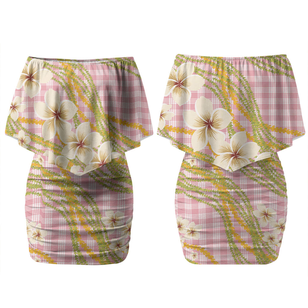 Akala Hamele Palaka Plumeria Family Matching Off Shoulder Short Dress and Hawaiian Shirt Puakenikeni and Maile Lei LT9 Mom's Dress Dusty Rose - Polynesian Pride