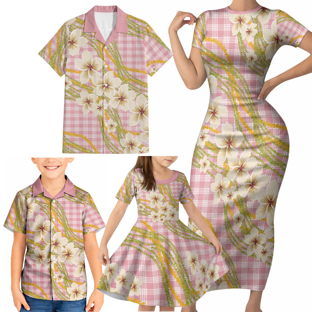 Akala Hamele Palaka Plumeria Family Matching Short Sleeve Bodycon Dress and Hawaiian Shirt Puakenikeni and Maile Lei