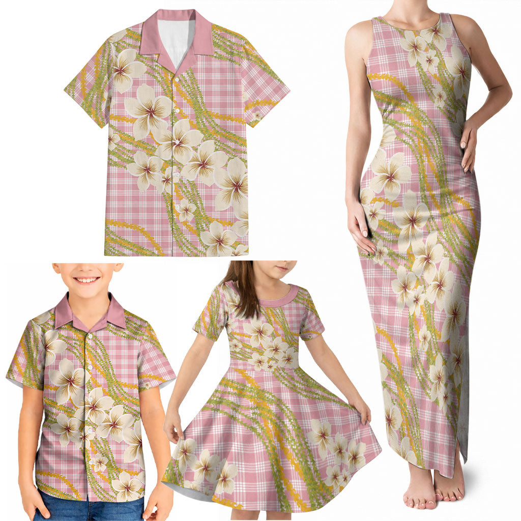 Akala Hamele Palaka Plumeria Family Matching Tank Maxi Dress and Hawaiian Shirt Puakenikeni and Maile Lei