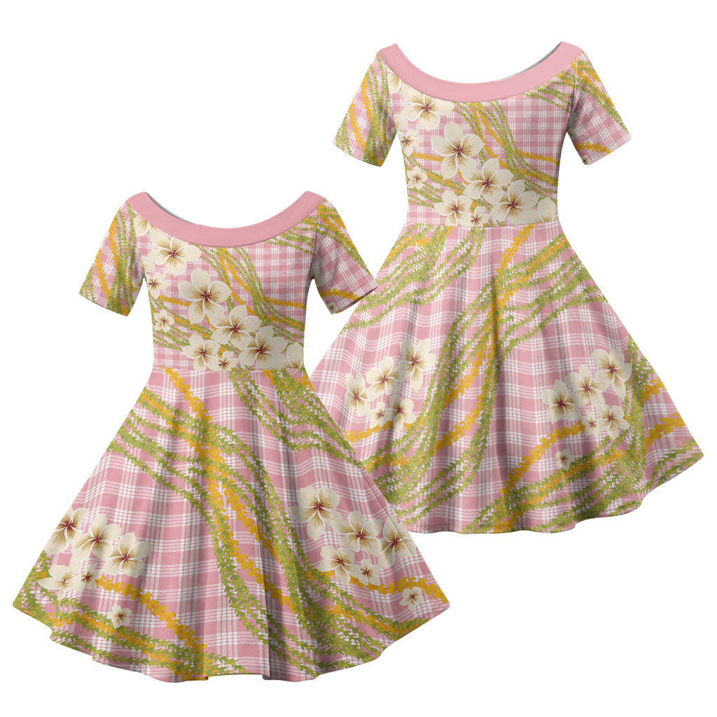 Akala Hamele Palaka Plumeria Family Matching Tank Maxi Dress and Hawaiian Shirt Puakenikeni and Maile Lei