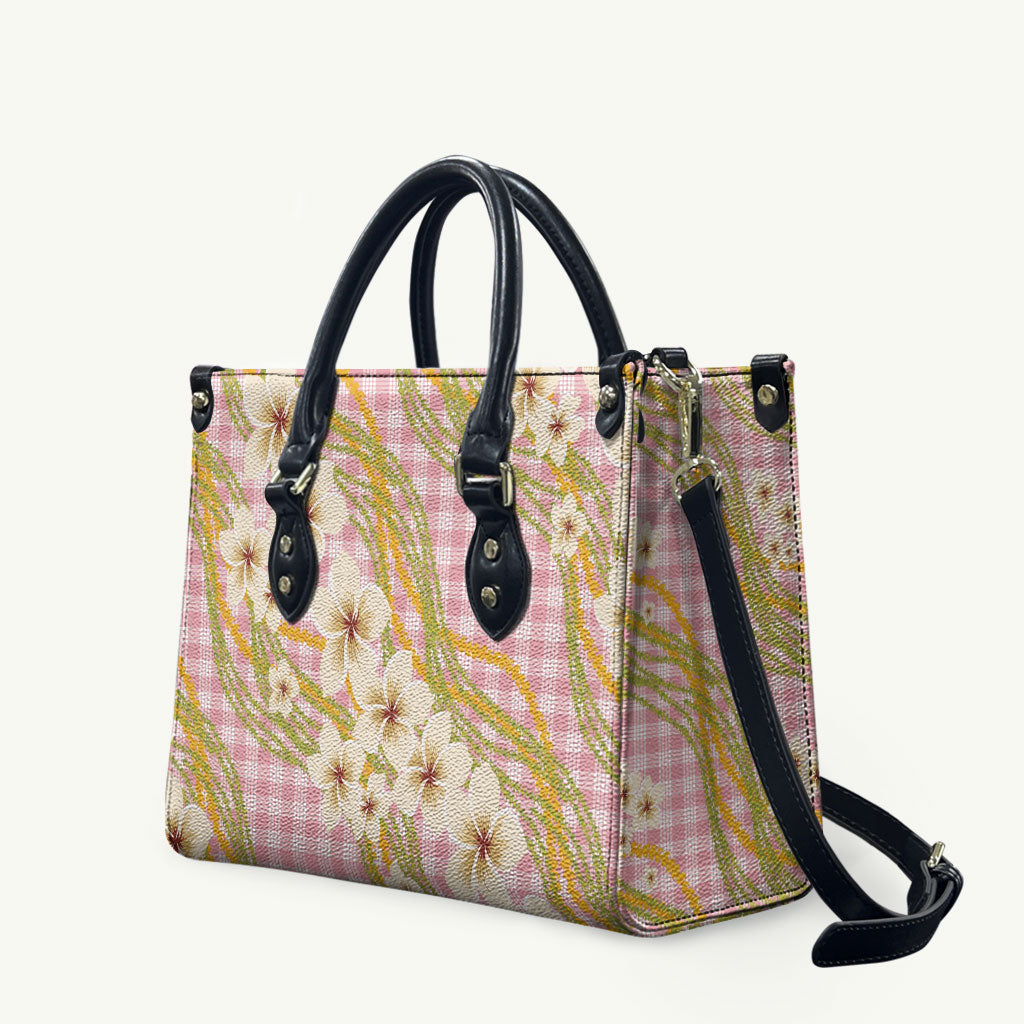 Akala Hamele Palaka Plumeria Leather Bag Puakenikeni and Maile Lei LT9 Dusty Rose - Polynesian Pride