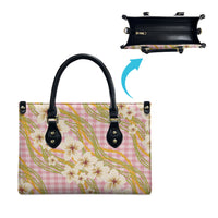 Akala Hamele Palaka Plumeria Leather Bag Puakenikeni and Maile Lei