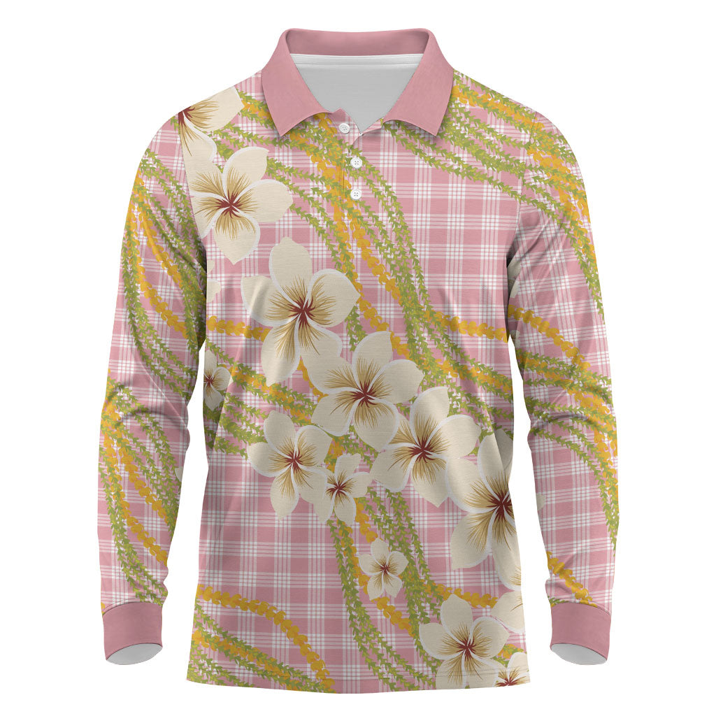 Akala Hamele Palaka Plumeria Long Sleeve Polo Shirt Puakenikeni and Maile Lei
