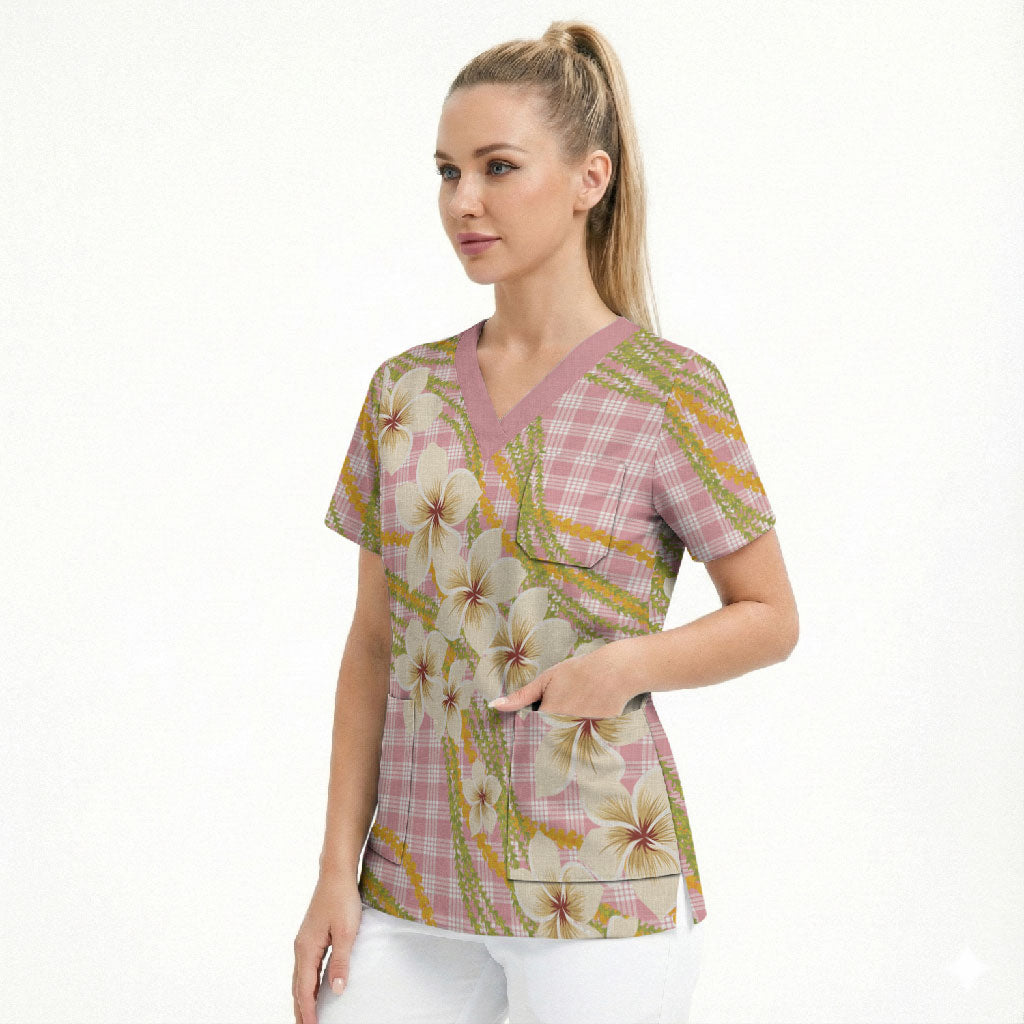 Akala Hamele Palaka Plumeria Scrub Top Puakenikeni and Maile Lei