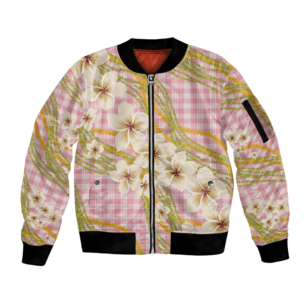 Akala Hamele Palaka Plumeria Sleeve Zip Bomber Jacket Puakenikeni and Maile Lei