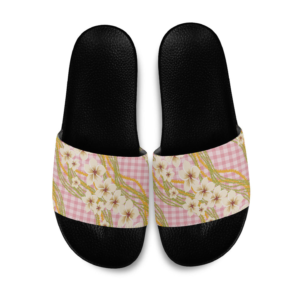 Akala Hamele Palaka Plumeria Slide Sandals Puakenikeni and Maile Lei