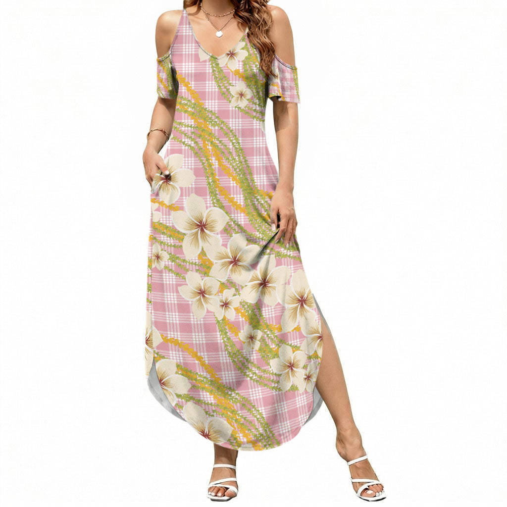 Akala Hamele Palaka Plumeria Summer Maxi Dress Puakenikeni and Maile Lei