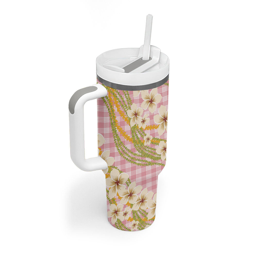 Akala Hamele Palaka Plumeria Tumbler With Handle Puakenikeni and Maile Lei
