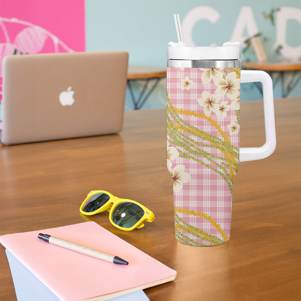 Akala Hamele Palaka Plumeria Tumbler With Handle Puakenikeni and Maile Lei