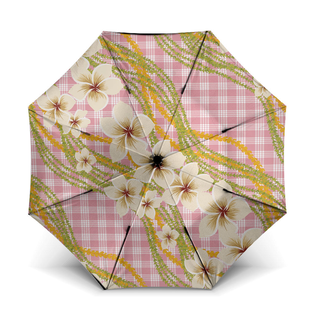Akala Hamele Palaka Plumeria Umbrella Puakenikeni and Maile Lei LT9 One Size Folded 11.42 inch Opened Diameter 37.4 inch Dusty Rose - Polynesian Pride