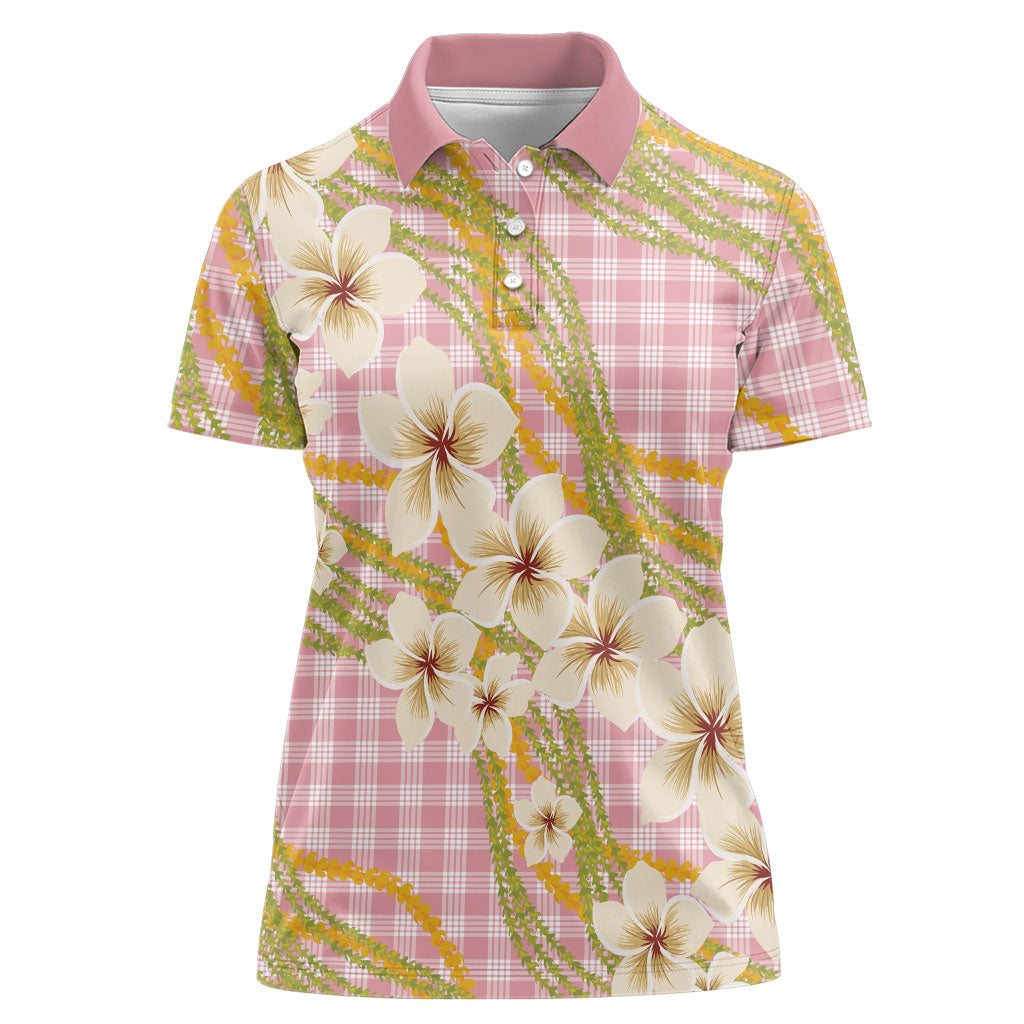 Akala Hamele Palaka Plumeria Women Polo Shirt Puakenikeni and Maile Lei