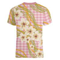 Akala Hamele Palaka Plumeria Women V-Neck T-Shirt Puakenikeni and Maile Lei LT9 - Polynesian Pride