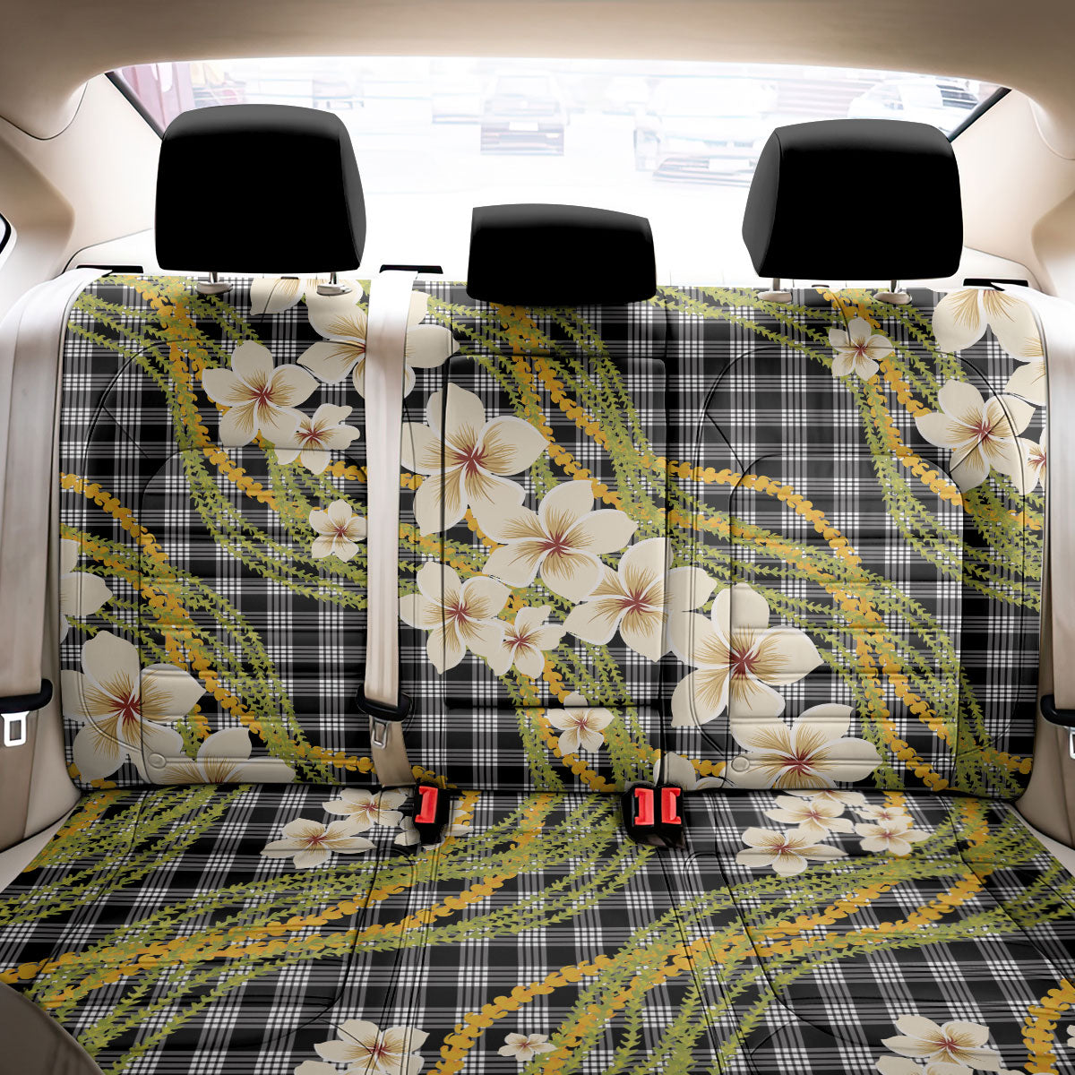 Ele'ele Hawai'i Palaka Plumeria Back Car Seat Cover Puakenikeni and Maile Lei