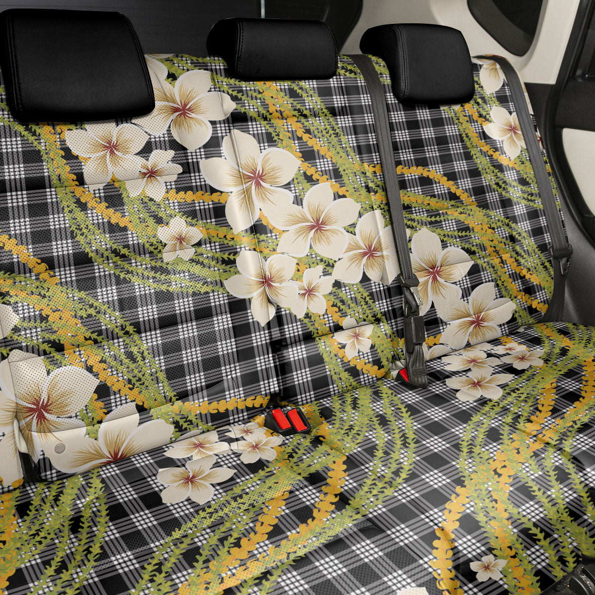 Ele'ele Hawai'i Palaka Plumeria Back Car Seat Cover Puakenikeni and Maile Lei