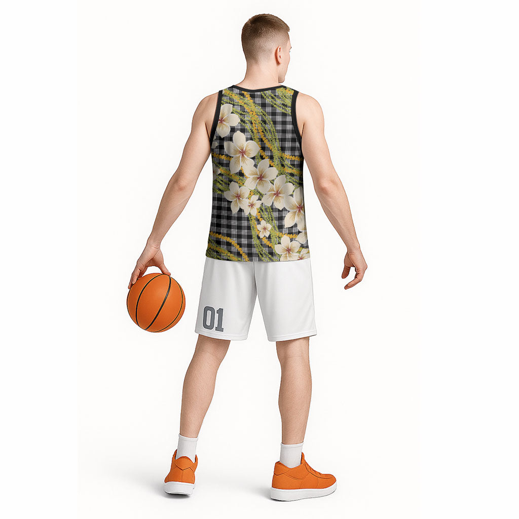 Ele'ele Hawai'i Palaka Plumeria Basketball Jersey Puakenikeni and Maile Lei
