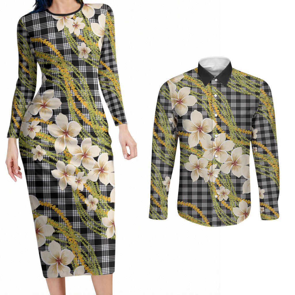 Ele'ele Hawai'i Palaka Plumeria Couples Matching Long Sleeve Bodycon Dress and Long Sleeve Button Shirt Puakenikeni and Maile Lei LT9 Black - Polynesian Pride
