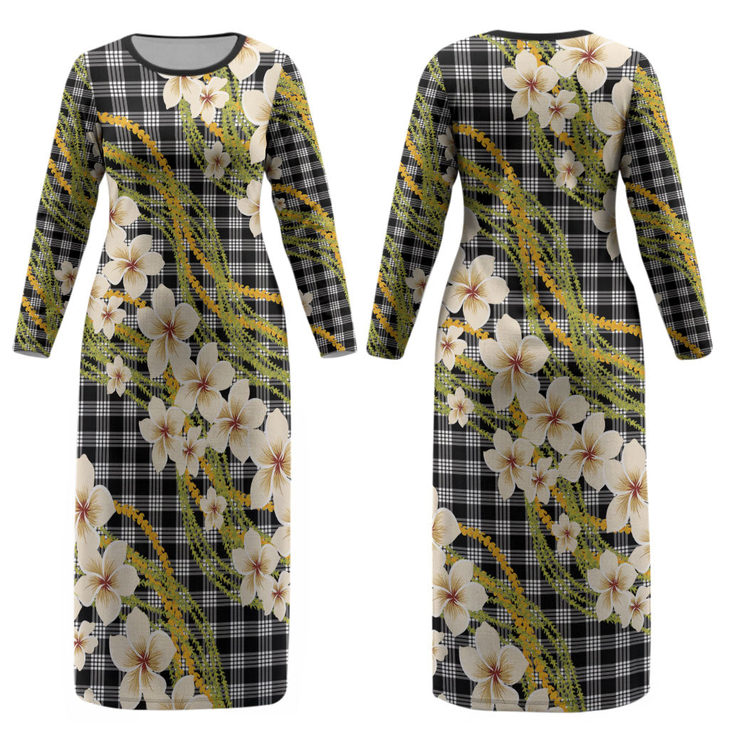 Ele'ele Hawai'i Palaka Plumeria Couples Matching Long Sleeve Bodycon Dress and Long Sleeve Button Shirt Puakenikeni and Maile Lei