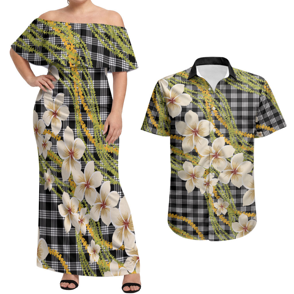 Ele'ele Hawai'i Palaka Plumeria Couples Matching Off Shoulder Maxi Dress and Hawaiian Shirt Puakenikeni and Maile Lei LT9 Black - Polynesian Pride