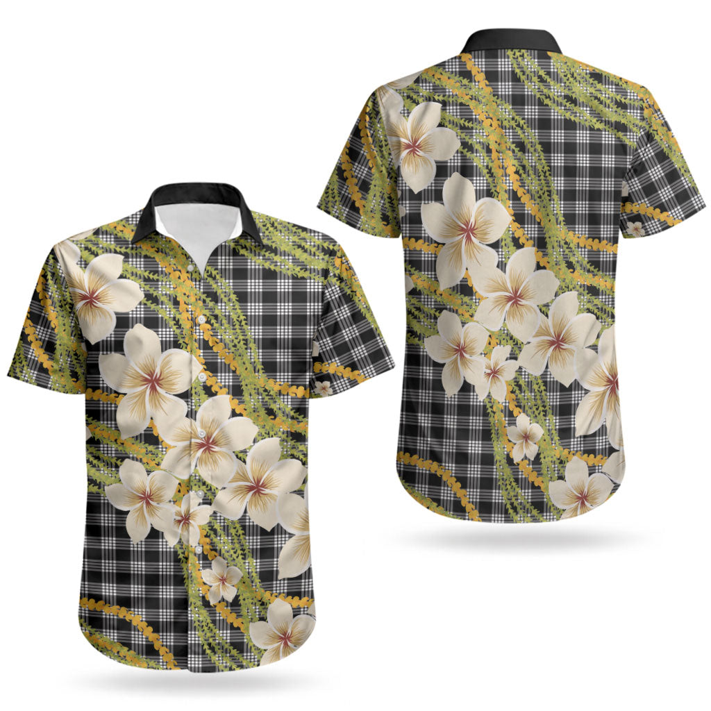 Ele'ele Hawai'i Palaka Plumeria Couples Matching Off Shoulder Maxi Dress and Hawaiian Shirt Puakenikeni and Maile Lei