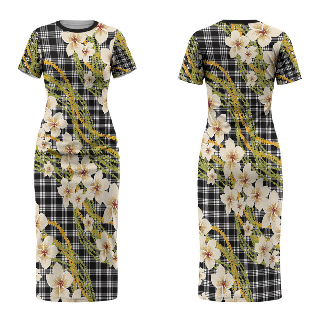 Ele'ele Hawai'i Palaka Plumeria Couples Matching Short Sleeve Bodycon Dress and Long Sleeve Button Shirt Puakenikeni and Maile Lei