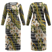 Ele'ele Hawai'i Palaka Plumeria Family Matching Long Sleeve Bodycon Dress and Hawaiian Shirt Puakenikeni and Maile Lei