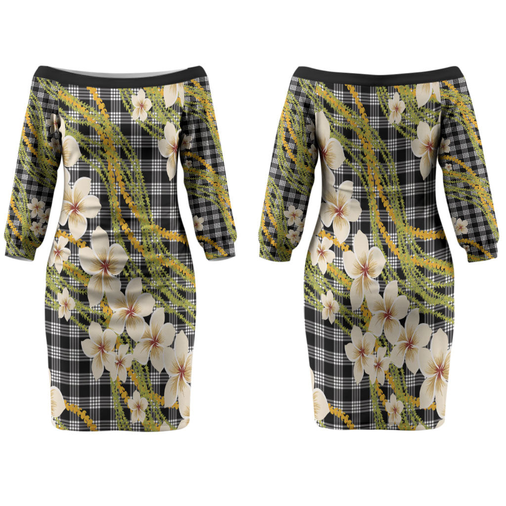 Ele'ele Hawai'i Palaka Plumeria Family Matching Off The Shoulder Long Sleeve Dress and Hawaiian Shirt Puakenikeni and Maile Lei