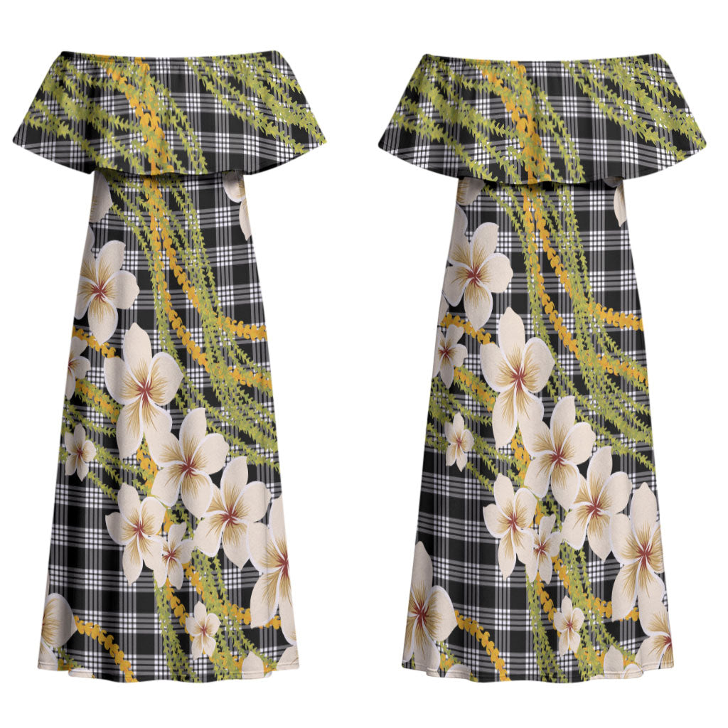 Ele'ele Hawai'i Palaka Plumeria Family Matching Off Shoulder Maxi Dress and Hawaiian Shirt Puakenikeni and Maile Lei