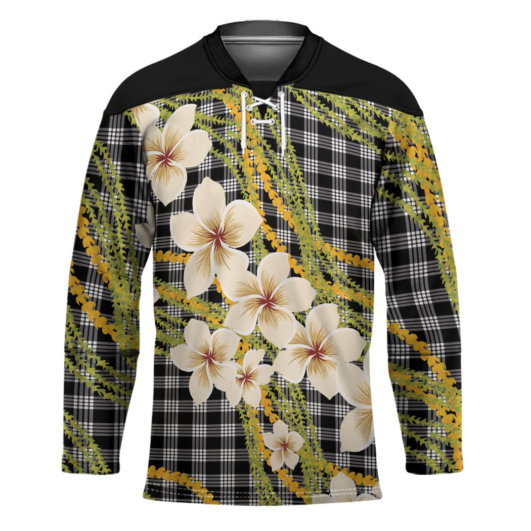 Ele'ele Hawai'i Palaka Plumeria Hockey Jersey Puakenikeni and Maile Lei