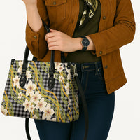Ele'ele Hawai'i Palaka Plumeria Leather Bag Puakenikeni and Maile Lei
