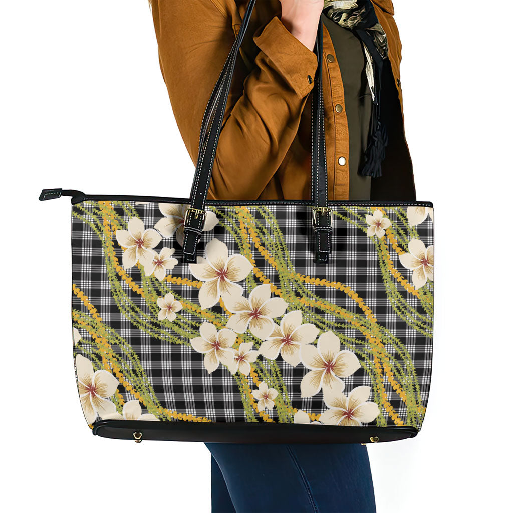 Ele'ele Hawai'i Palaka Plumeria Leather Tote Bag Puakenikeni and Maile Lei