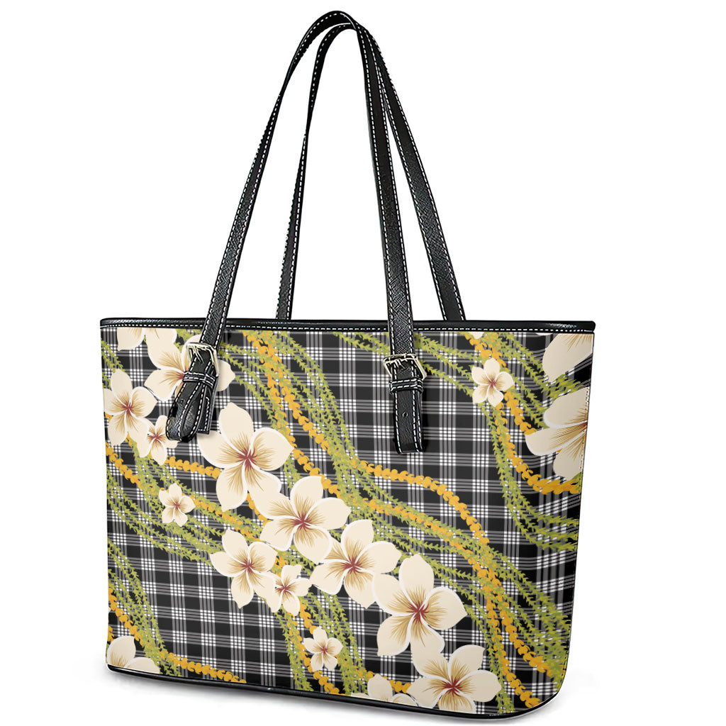 Ele'ele Hawai'i Palaka Plumeria Leather Tote Bag Puakenikeni and Maile Lei