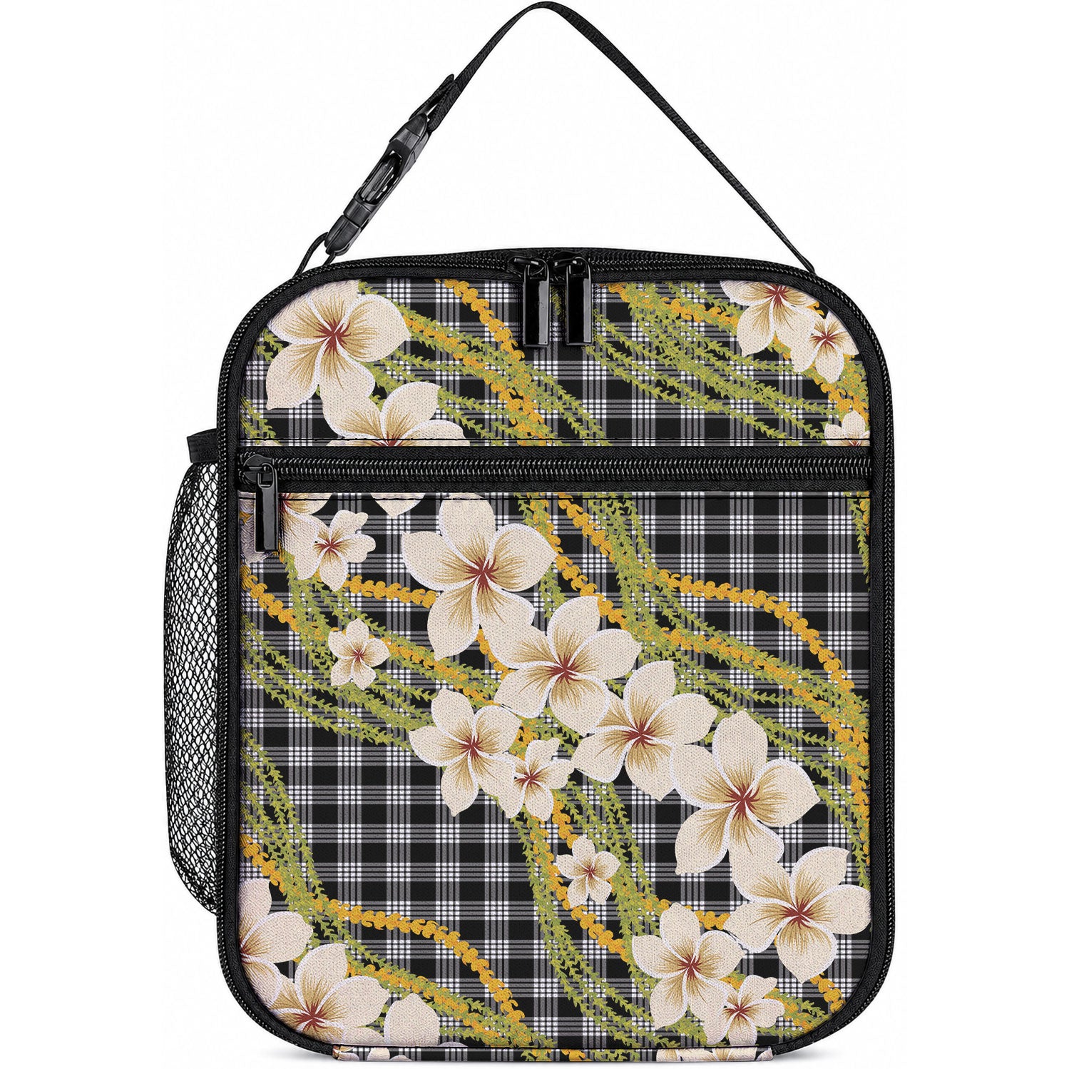 Ele'ele Hawai'i Palaka Plumeria Lunch Bag Puakenikeni and Maile Lei LT9 10.2 × 8.3 × 4.3 inch Black - Polynesian Pride