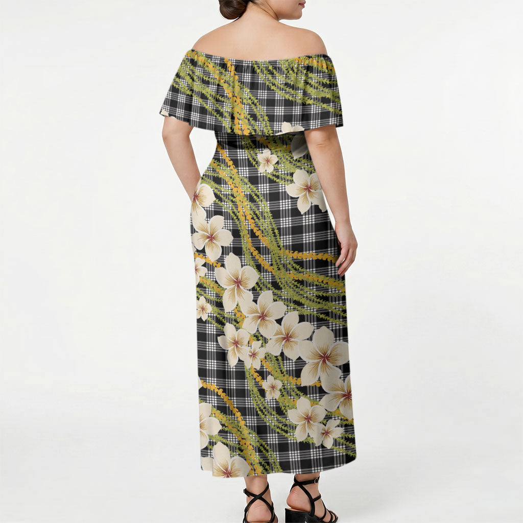 Ele'ele Hawai'i Palaka Plumeria Off Shoulder Maxi Dress Puakenikeni and Maile Lei