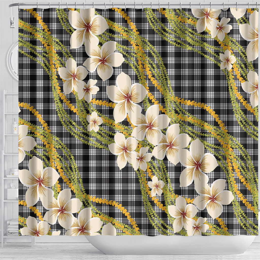 Ele'ele Hawai'i Palaka Plumeria Shower Curtain Puakenikeni and Maile Lei