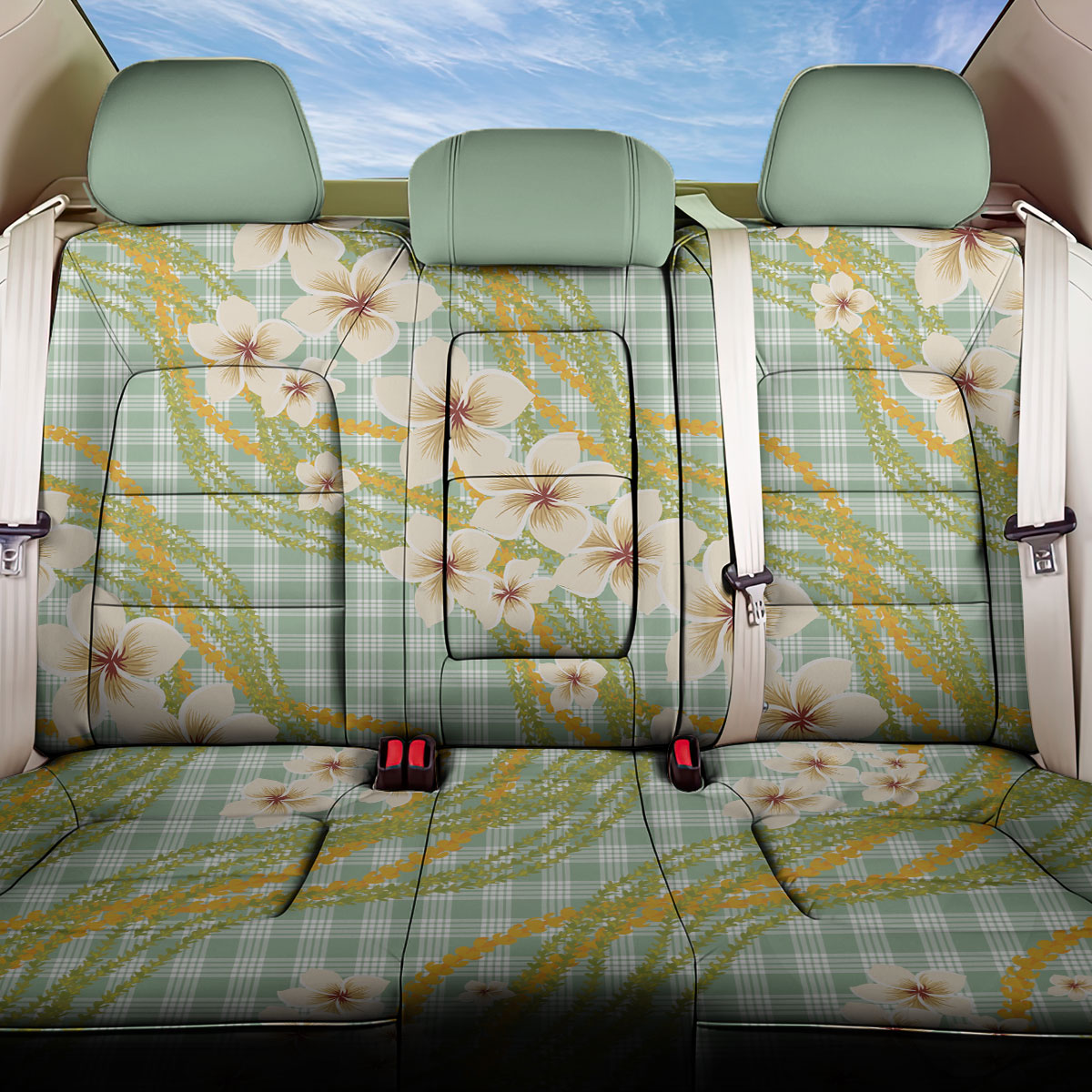 Liko Kukui Hawai'i Palaka Plumeria Back Car Seat Cover Puakenikeni and Maile Lei