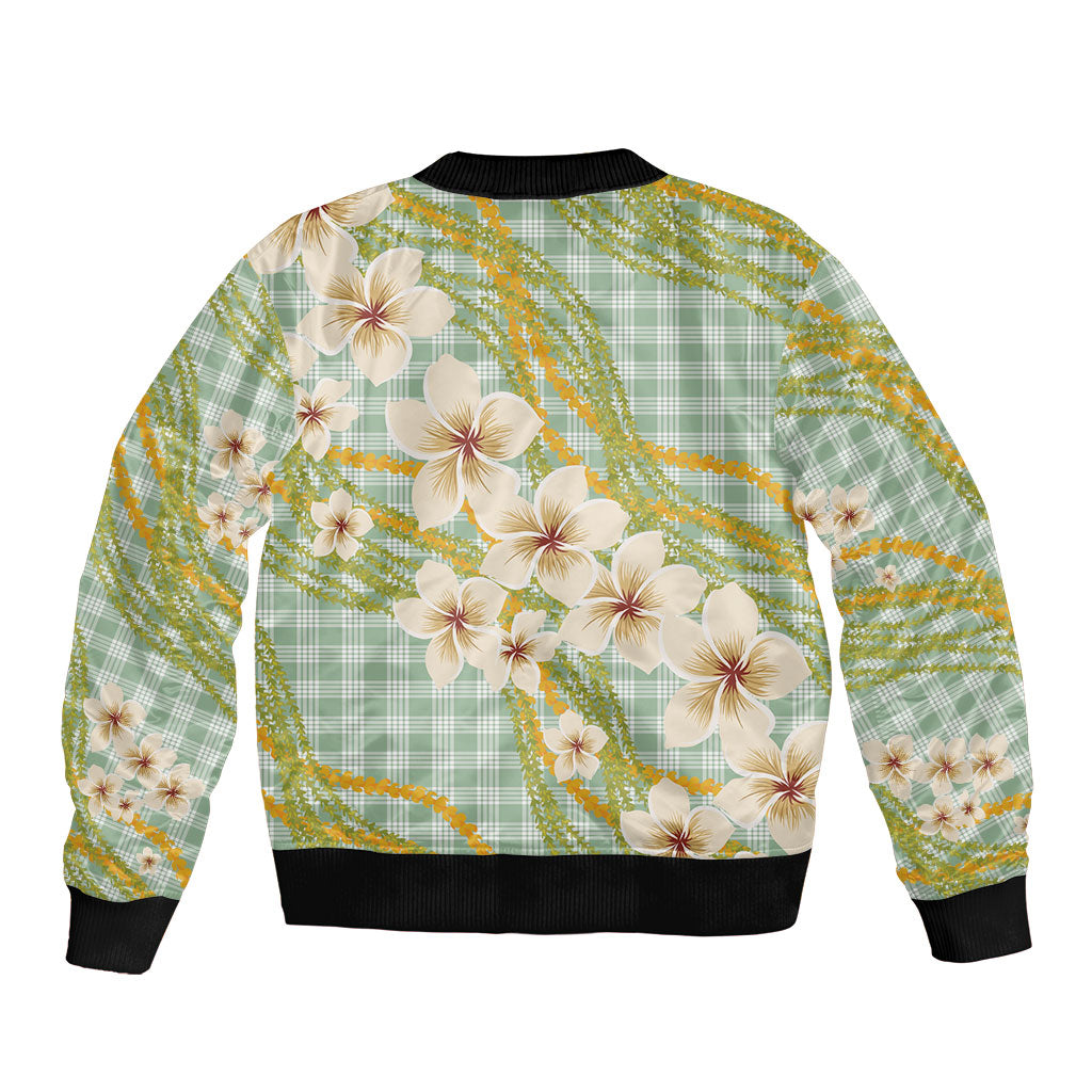 Liko Kukui Hawai'i Palaka Plumeria Bomber Jacket Puakenikeni and Maile Lei