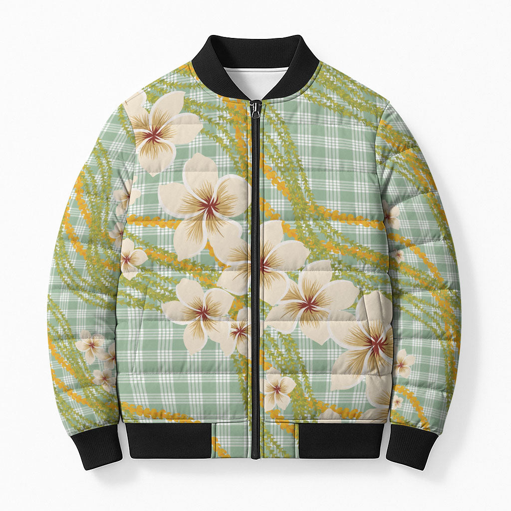 Liko Kukui Hawai'i Palaka Plumeria Bomber Puffer Jacket Puakenikeni and Maile Lei
