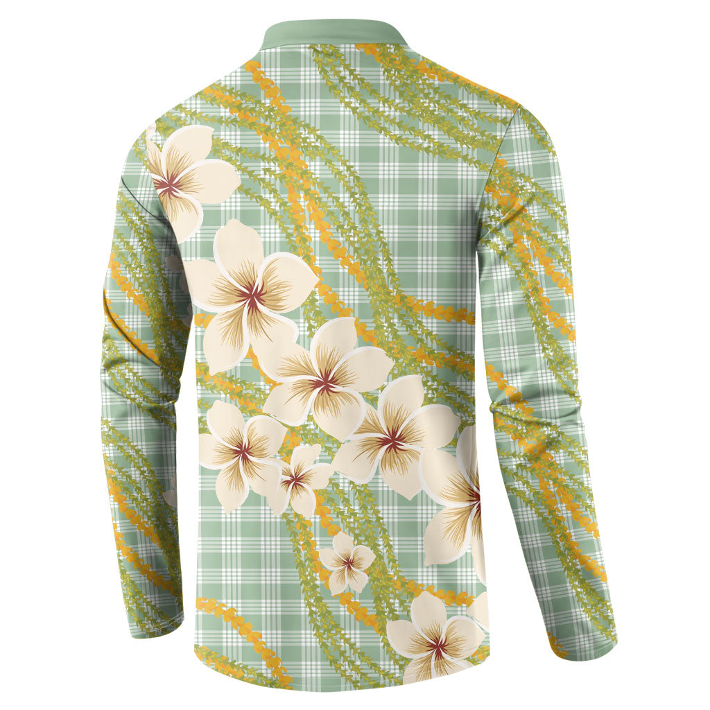 Liko Kukui Hawai'i Palaka Plumeria Button Sweatshirt Puakenikeni and Maile Lei