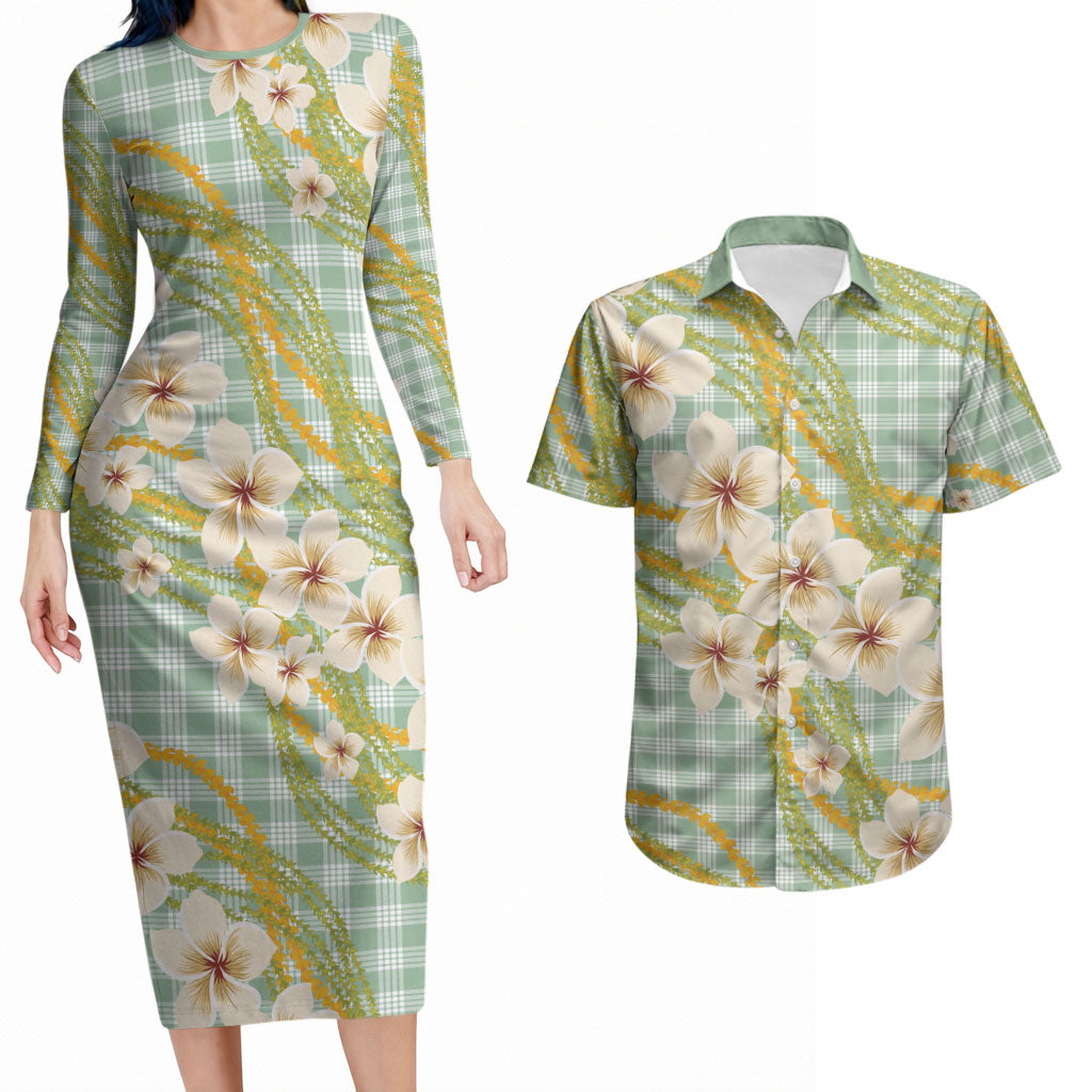 Liko Kukui Hawai'i Palaka Plumeria Couples Matching Long Sleeve Bodycon Dress and Hawaiian Shirt Puakenikeni and Maile Lei