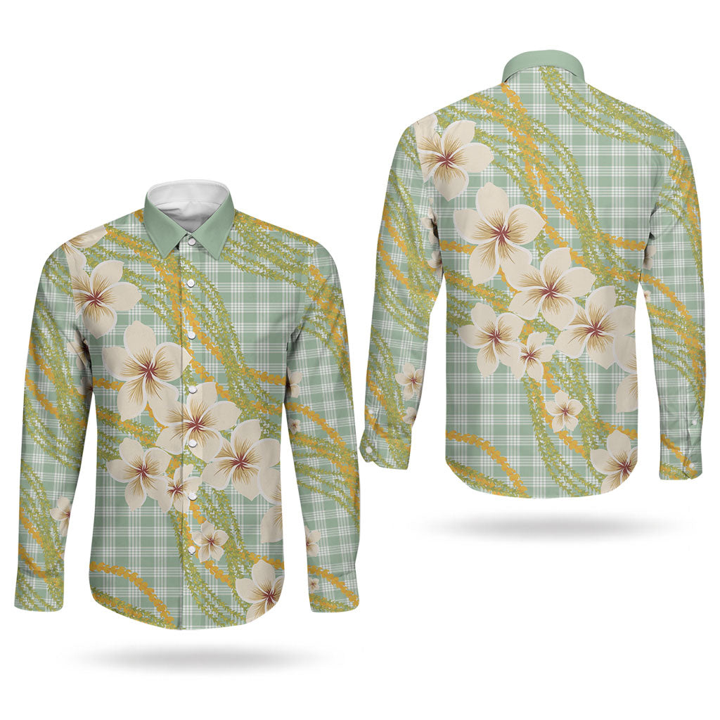 Liko Kukui Hawai'i Palaka Plumeria Couples Matching Long Sleeve Bodycon Dress and Long Sleeve Button Shirt Puakenikeni and Maile Lei