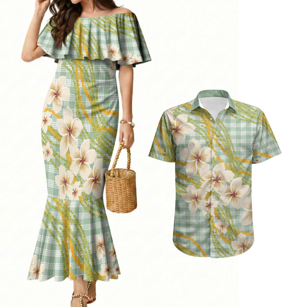 Liko Kukui Hawai'i Palaka Plumeria Couples Matching Mermaid Dress and Hawaiian Shirt Puakenikeni and Maile Lei